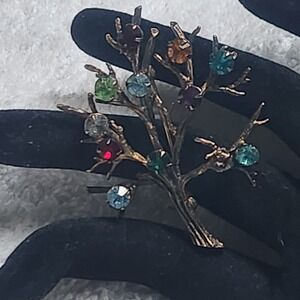 Vintage Sterling Silver Tree of Life Brooch Multi Color Rhinestone Pin
